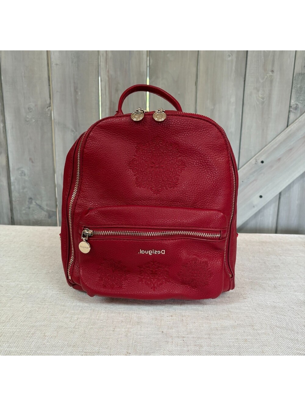 Desigual red leather backpack with pockets adjustable straps bohemian & stylish